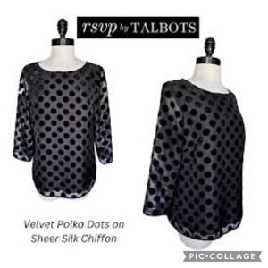 Talbots RSVP Black Velvet Polka Dot 3/4 Sleeve Lined Blouse Size XL